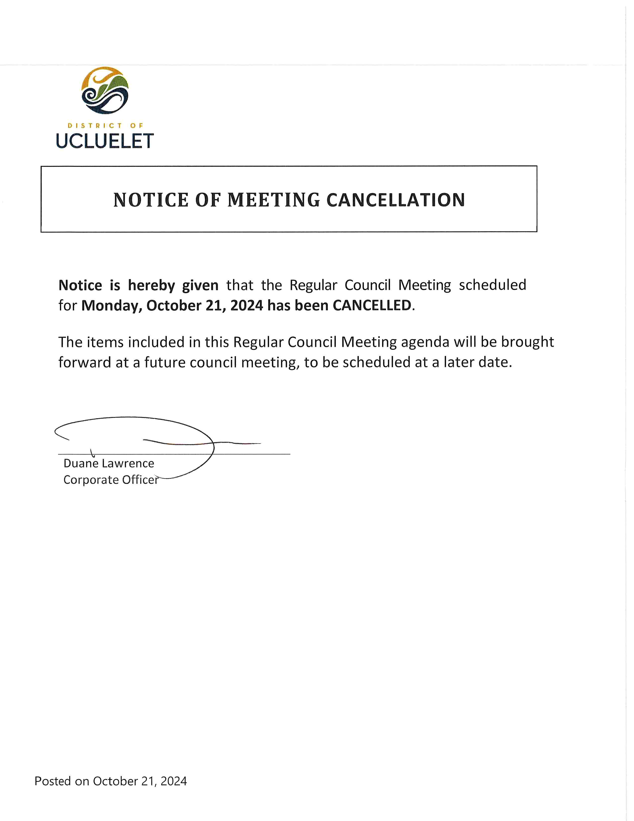 2024 10 21 Regular Council Meeting CANCELLED