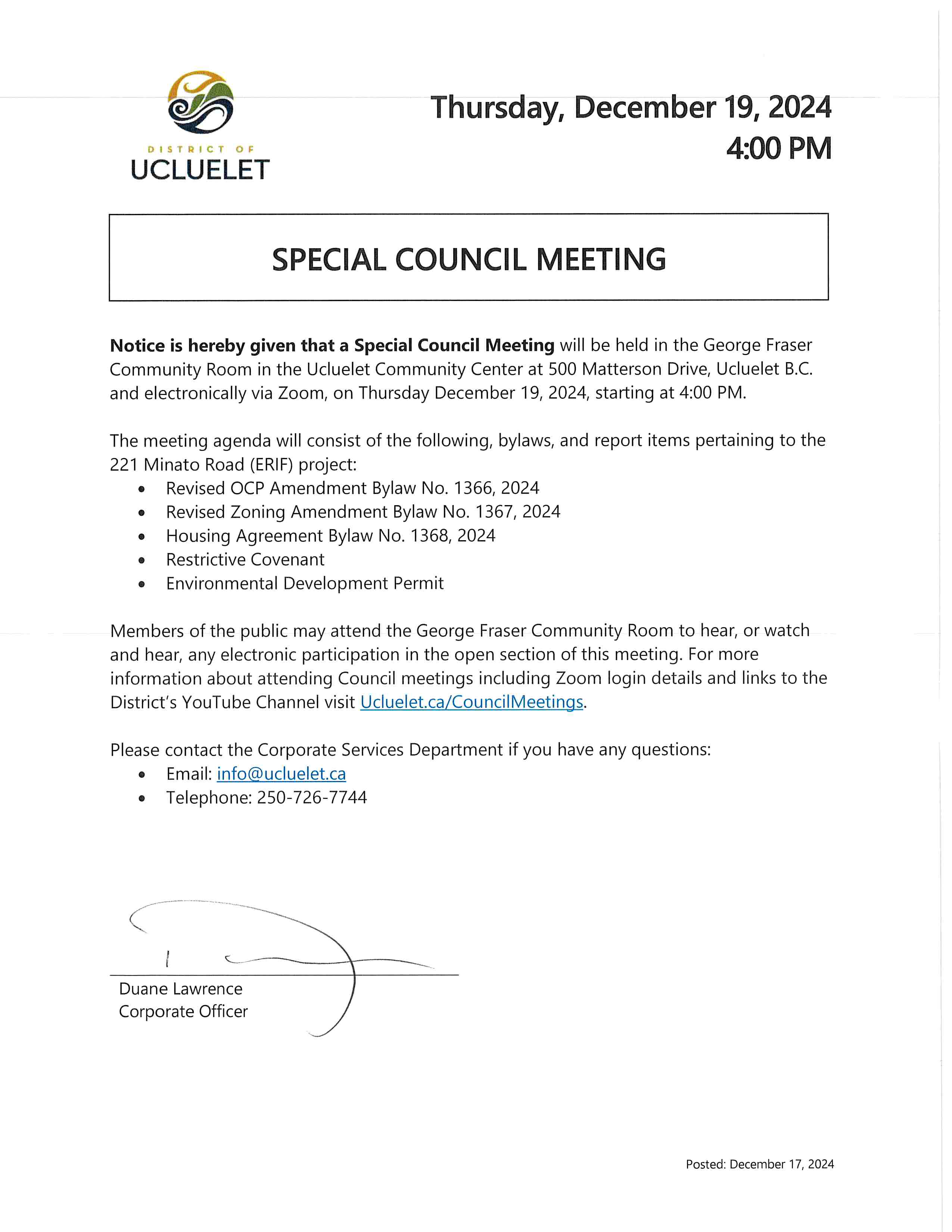 2024 12 19 Special Meeting Notice