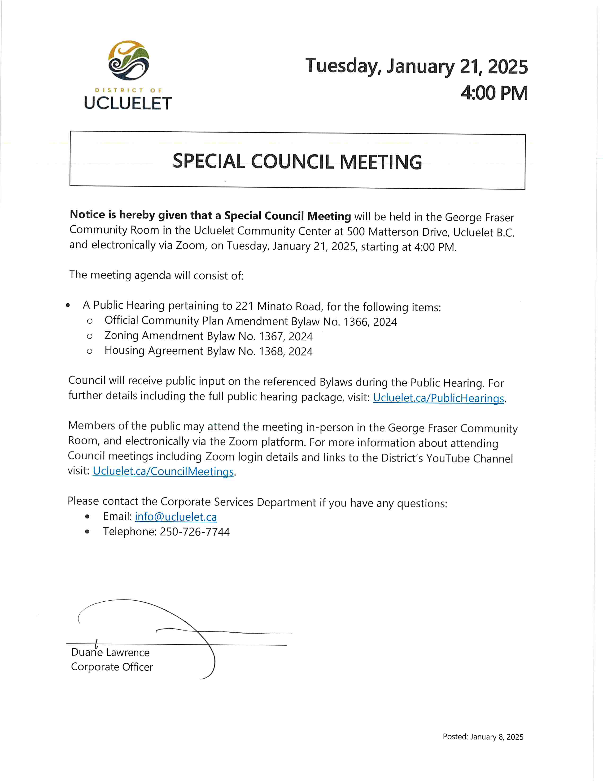 2025 01 21 Special Meeting Notice